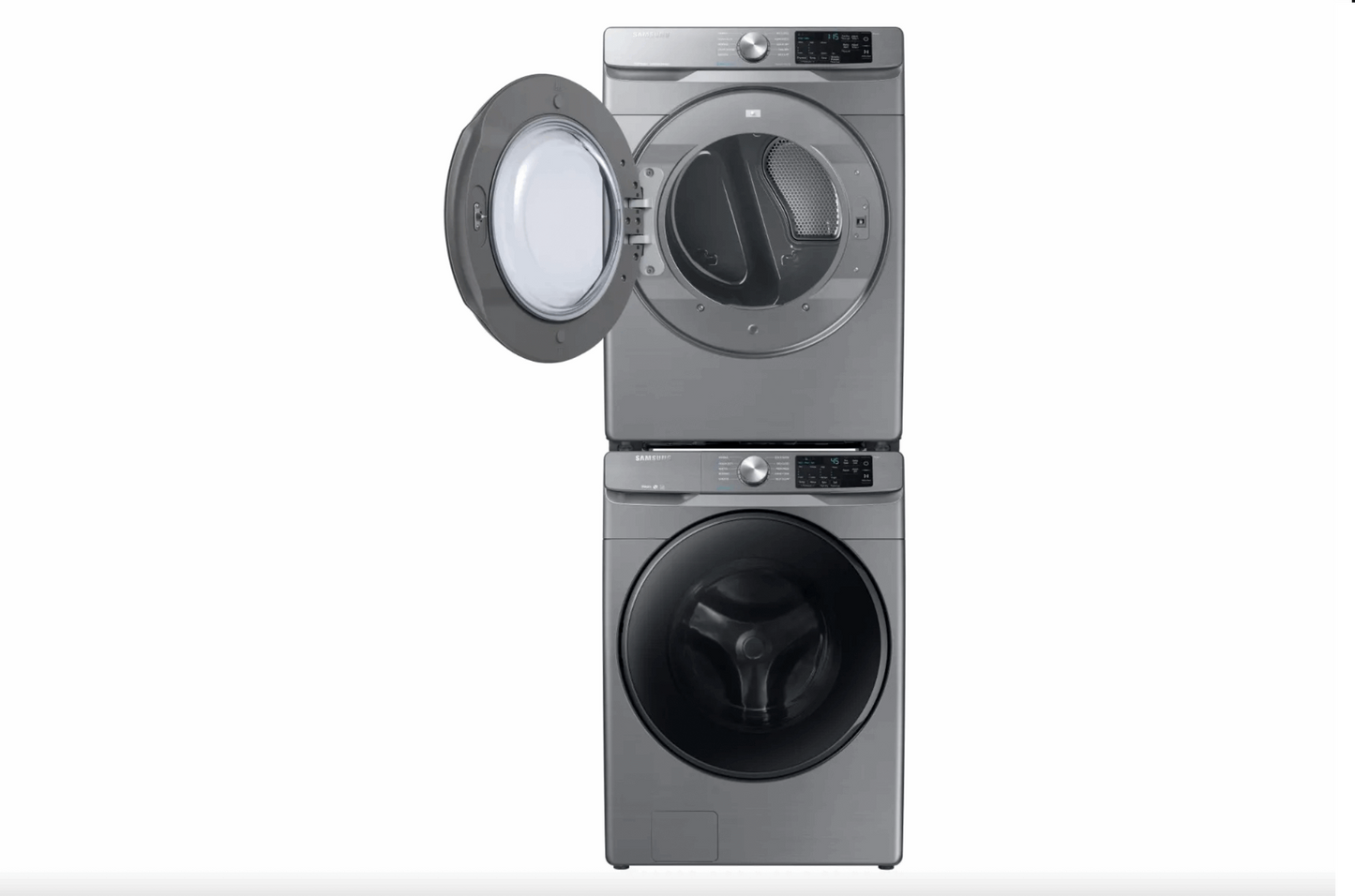 Samsung Platinum Stackable 4.5 cu. ft. Front Load Washer WF45R6100AP & 7.5 cu. ft. Electric Front Load Dryer DVE45T6100P Combo w/ Free Stacking Kit